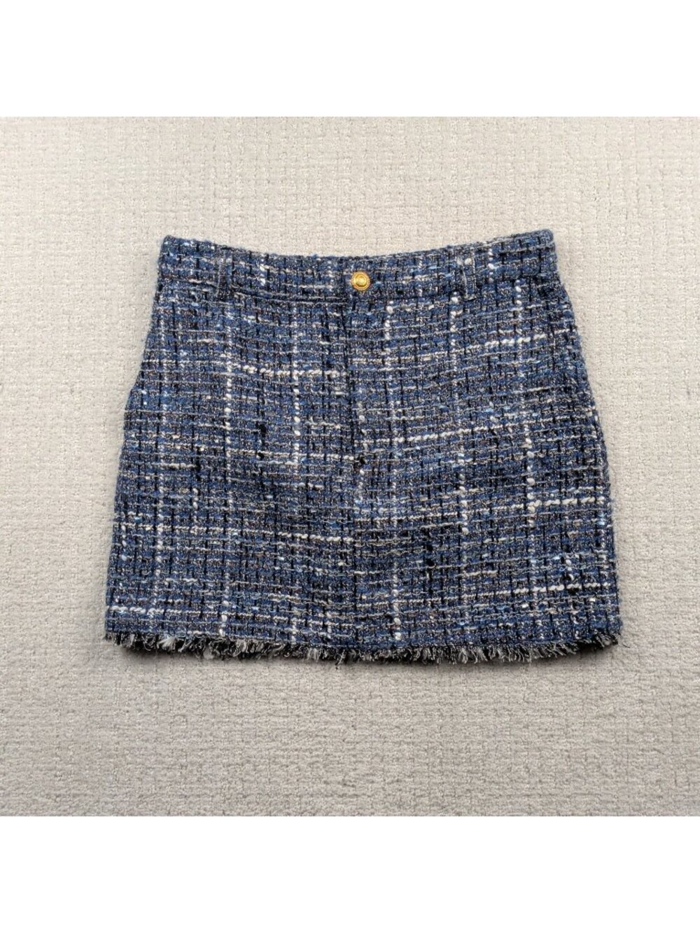 Zara Tweed Blue Mini Skirt Raw Frayed Hem Wom Sz L Dark Academia Parisian Chic